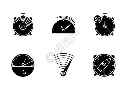 5g速连接黑晶形图标组在白色空间上停止监视速度计移动蜂窝网络低潜伏互联网接入双影符号矢量孤立插图图片