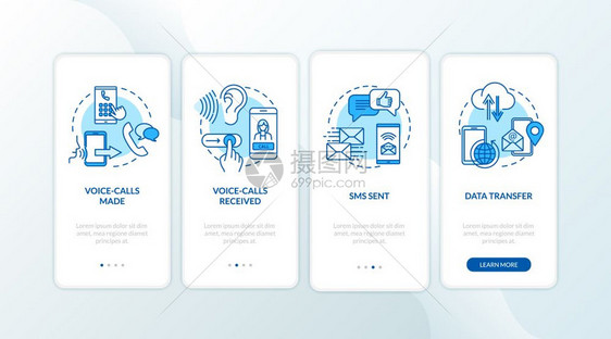 带概念的移动应用程序页面屏幕上安装语音呼叫和sm服务数据传输漫走过四步图形指示ui矢量模板配有rgb颜色插图图片