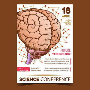 人类器官医学的脑解剖人体器官医学人机概念模板用古典风格的多彩图解画科学会议宣传广告海报矢量图片