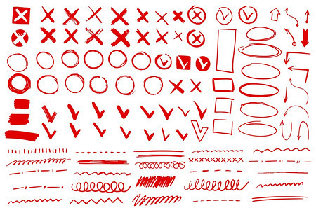 dolechk标记和下划线手画的红勾十字列表项的圆箭头标记是或没有检查过的矢量铅笔手写图标画红勾检查过的矢量图标图片