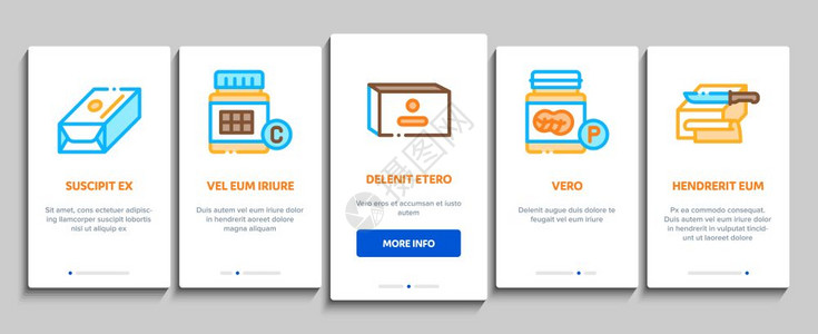 登入页面活应用程序页面屏幕矢量包和刀片上的黄油切和包装瓶脂肪维生素色等插图黄油或入内元素图标设定的黄油或人造插画