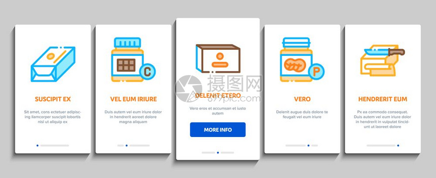 活应用程序页面屏幕矢量包和刀片上的黄油切和包装瓶脂肪维生素色等插图黄油或入内元素图标设定的黄油或人造图片