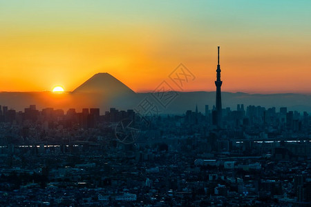 日落时东京市日本城市景象自然组合从东京看福吉山天空树和福吉山的天线有福吉山背景的东京城市色图片