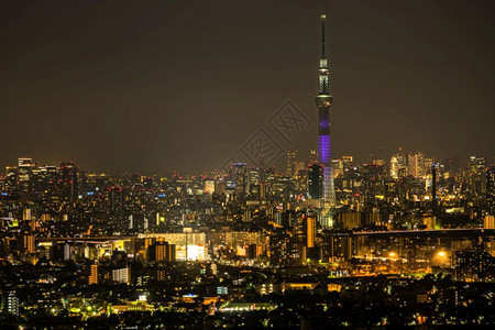 天空树城市景色和东京日本夜生活图片