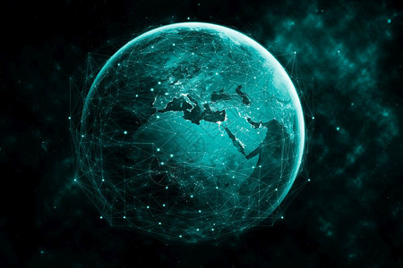 蓝色地球全球网络现代创造电信和互联网连接5g无线数字连接和事物未来互联网的概念背景