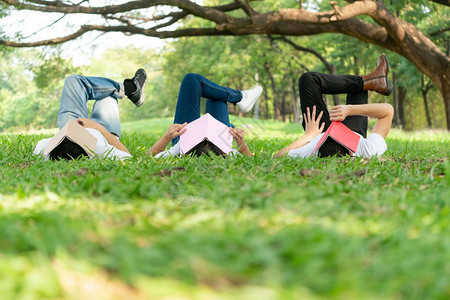 一群大学生放学休闲的躺在草坪上图片