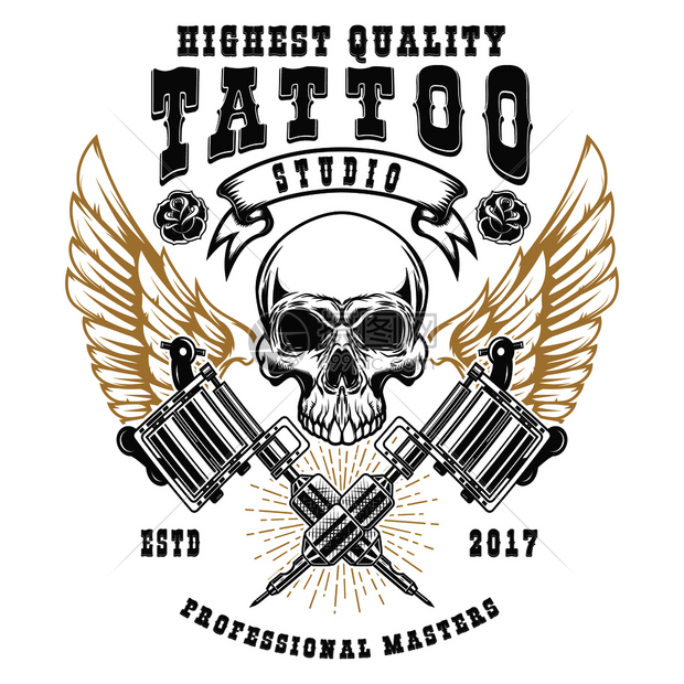 插画 背景素材 大数据 带有横穿纹身机器的翅膀头骨标志签徽章志