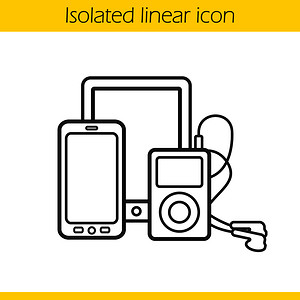 数字工具可以直线图标平板计算机智能手和带耳的mp3播放器多媒体电子设备薄线条插图设备可以配置等离子符号矢量孤立的大纲绘制数字工具图片