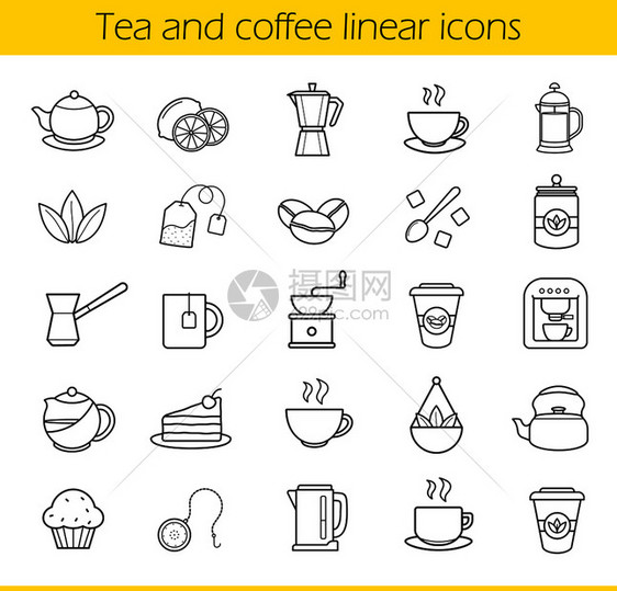 茶叶和咖啡直线图标设置moka锅咖啡机蒸茶杯电壶咖啡加纸杯松饼turkishcezv薄线轮廓符号孤立的矢量插图茶和咖啡线图标设置图片