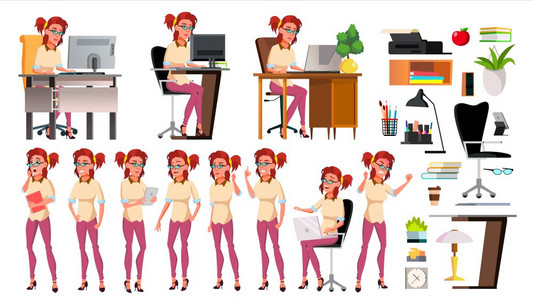 女职员工作时的小场景卡通矢量插画图片