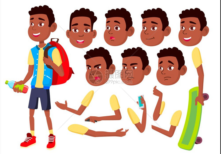 卡通男青少年面部情绪各种手势插图图片