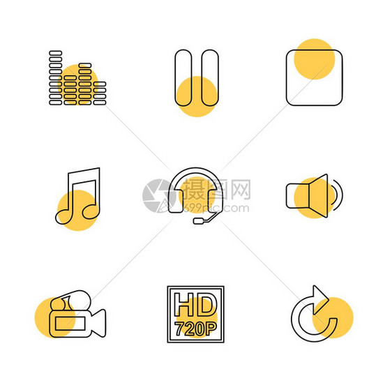 多媒体播放暂停音量声麦克风重置哑音相机摄像头录图标矢量设计平板收藏风格创作图片