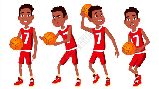 篮球运动员儿童矢量各种姿势身穿制服的球运动员体育比赛游戏孤立的平板卡通插图篮球运动员儿童矢量不同的姿势引导球体育比赛运动孤立的平图片