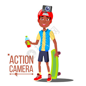 滑板美女红头盔过程主动休息方式孤立的插图带有行动摄像机的男孩美国青少年孤立的漫画插图与行动摄像机的男孩积极休息方式孤立的漫画插图插画
