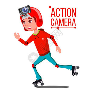 头盔戴有运动摄像机的红色卫衣的孩子矢量卡通图图片