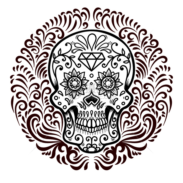 带有圆形花纹背景的墨西哥糖头盖骨日海报贺卡横幅t衬衫传单徽章的设计元素矢量图示图片