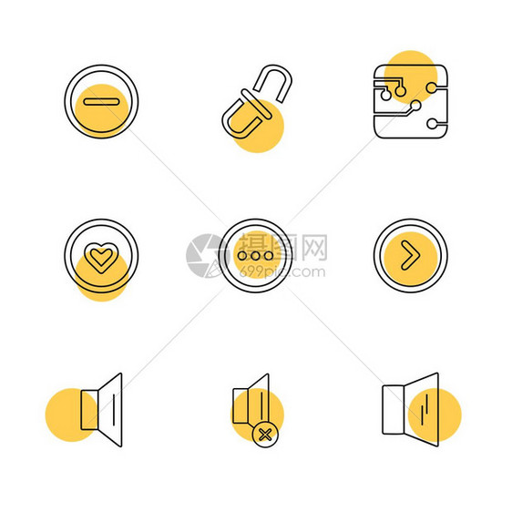用户界面按钮应用程序多媒体扬声器音哑时钟菜单纸针bin下一个背图标矢量设计平板收藏风格创意图片