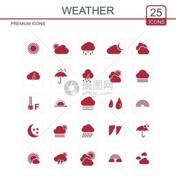 用于网络设计和应用程序界面的天气图标设置为红色对信息图也有用矢量解图片