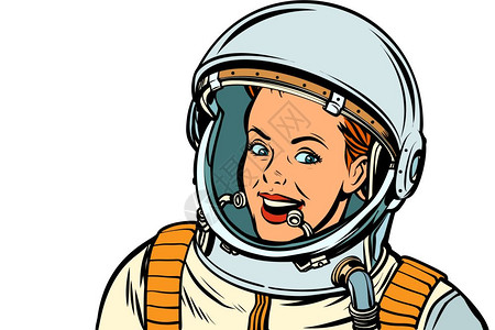 都市情感流行艺术回映矢量插图古老的绘画微笑女宇航员白背景的分离