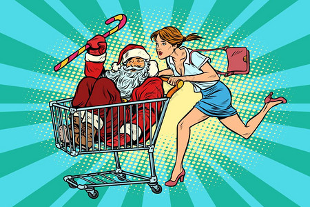 圣诞销售妇女购买了圣达克拉斯购物车厢流行艺术回放矢量说明图片