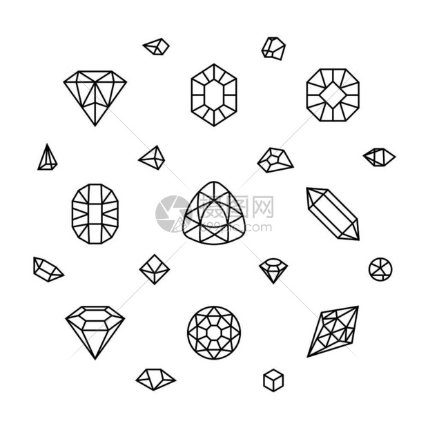 3度几何晶体形状钻石宝薄线矢量图形晶石首饰图示宝薄线矢量图示