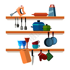 厨房架子配有烹饪工具和挂锅矢量图厨房架子用管和厨房设备内图片