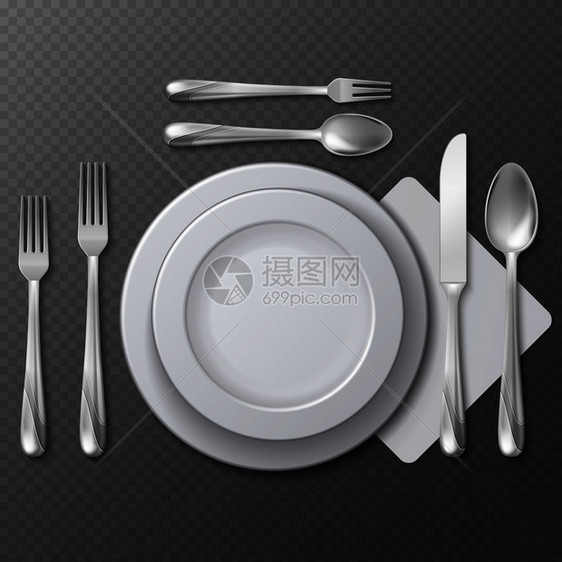 桌上矢量图的现实空圆板瓷盘钢叉勺子和刀桌式餐具板配叉子和勺桌上矢量图的现实空圆板勺子和刀图片