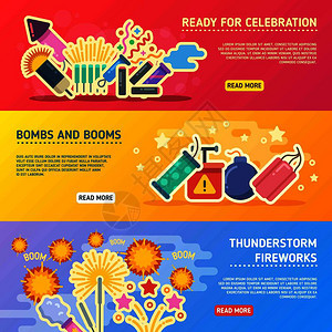 假日放火饼干展示一套矢量商业横幅带有bonm和petard的横向网页用于假日插图图片