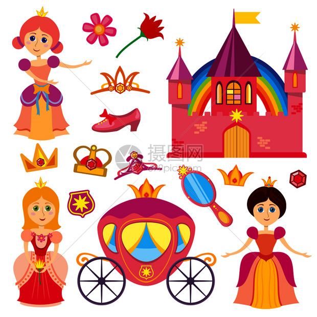 可爱的童话公主粉色马车皇冠公主城堡卡通小姑娘的皇冠矢量图片