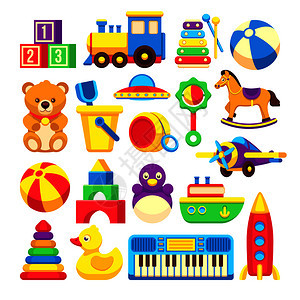 玩具儿童卡通矢量图标收藏彩色的成套玩具插图马和鸭子孩们玩具卡通矢量图标收藏图片