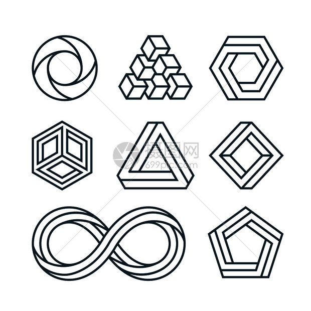 用于标志或的线不可能图示六边形和圆不可能图示薄线最小矢量图标集