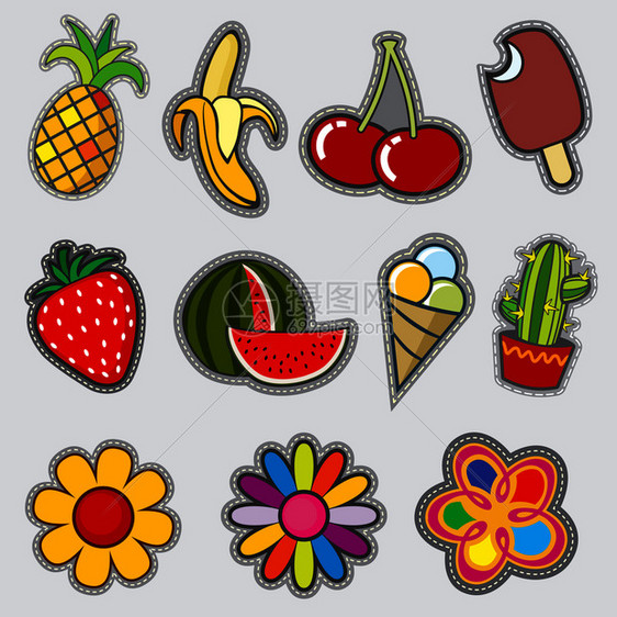 彩色花和草莓刺绣徽章西瓜和冰淇淋插图图片
