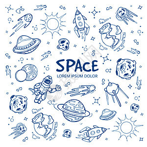 带有行星恒航天器和宇宙物体的抽象空间背景手工绘制的图纸矢量说明空间物体火箭和航天飞船中的物体行星航天器和宇宙物体的抽象空间背景手图片