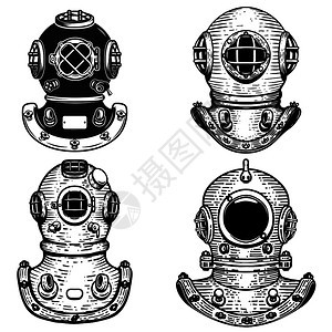 套复古风格潜水头盔徽标签志符号的设计元素矢量图示图片