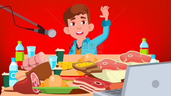 mukbang食用显示矢量男人社交饮食流行的视频博客例如食物挑战视频博客道插图图片