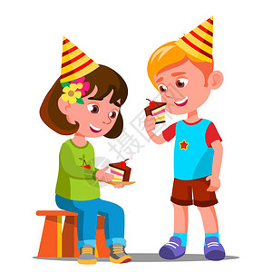青年 吃快乐的孩子吃生日蛋糕矢量插图孤立的插画