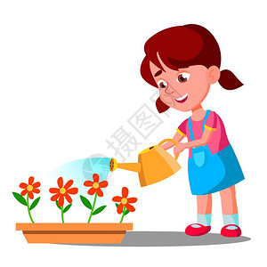 小女孩浇花矢量插图图片