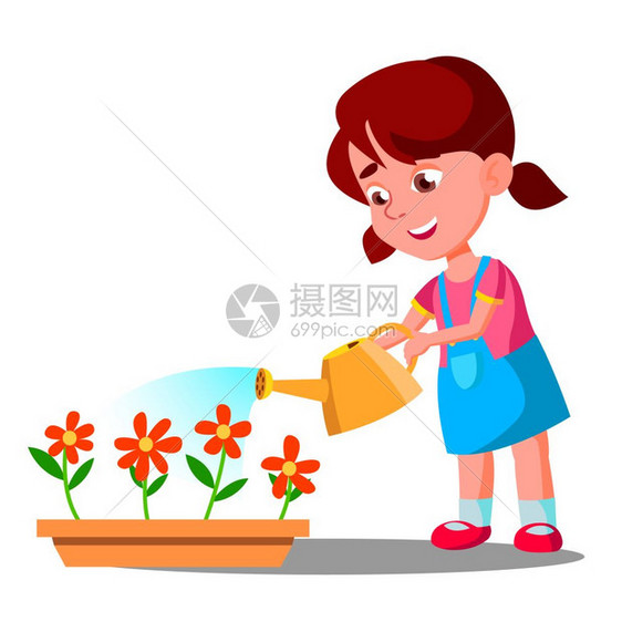 小女孩浇花矢量插图图片