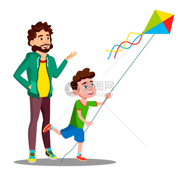 快乐的父亲和孩子放风筝图片