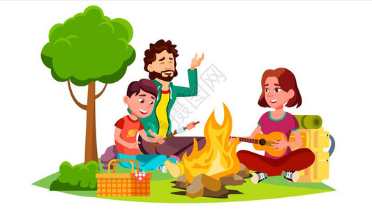 幸福一家人坐在营火旁烧烤矢量插图图片