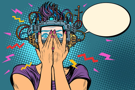 vr虚拟眼镜发现新大陆戴着vr眼镜感到惊讶的女人复古卡通矢量插画插画