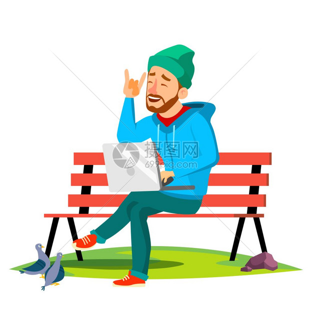 自由职业者男人坐在公园的长椅上带笔记本电脑矢量插图自由职业者男人坐在公园的长凳上带笔记本电脑矢量图片