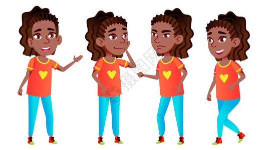 孤立的漫画插图女孩在黑美中学生同活情感姿势供展示印刷邀请设计插画