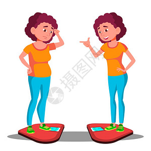 幸福的瘦女孩快乐的女孩之前饮食后插图悲伤的胖女孩幸福的瘦胖女孩孤立的插图图片