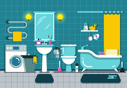 有洗手盆和马桶和洗衣机的浴室插画图片
