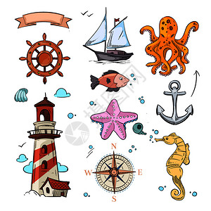 鱼星装有海星章鱼帆船锚罗盘和灯塔方向舵帆船海运说明章鱼锚船罗盘和灯塔的海病媒图设计星插画