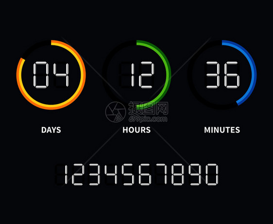 数字时钟或倒计器矢量间概念带有天数和小时的倒计器钟字或倒计器的插图矢量时间概念图片