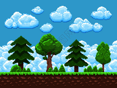 像素游戏矢量景观包括树天空和云彩用于8位老旧街机游戏地貌场景界面插图像素游戏矢量景观包括树天空和云8位老旧街机游戏图片