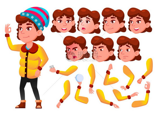 卡通冬天戴帽子的青少年男孩各种情感各种姿态矢量插画图片