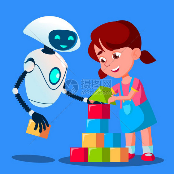 机器人和小女孩玩积木图片